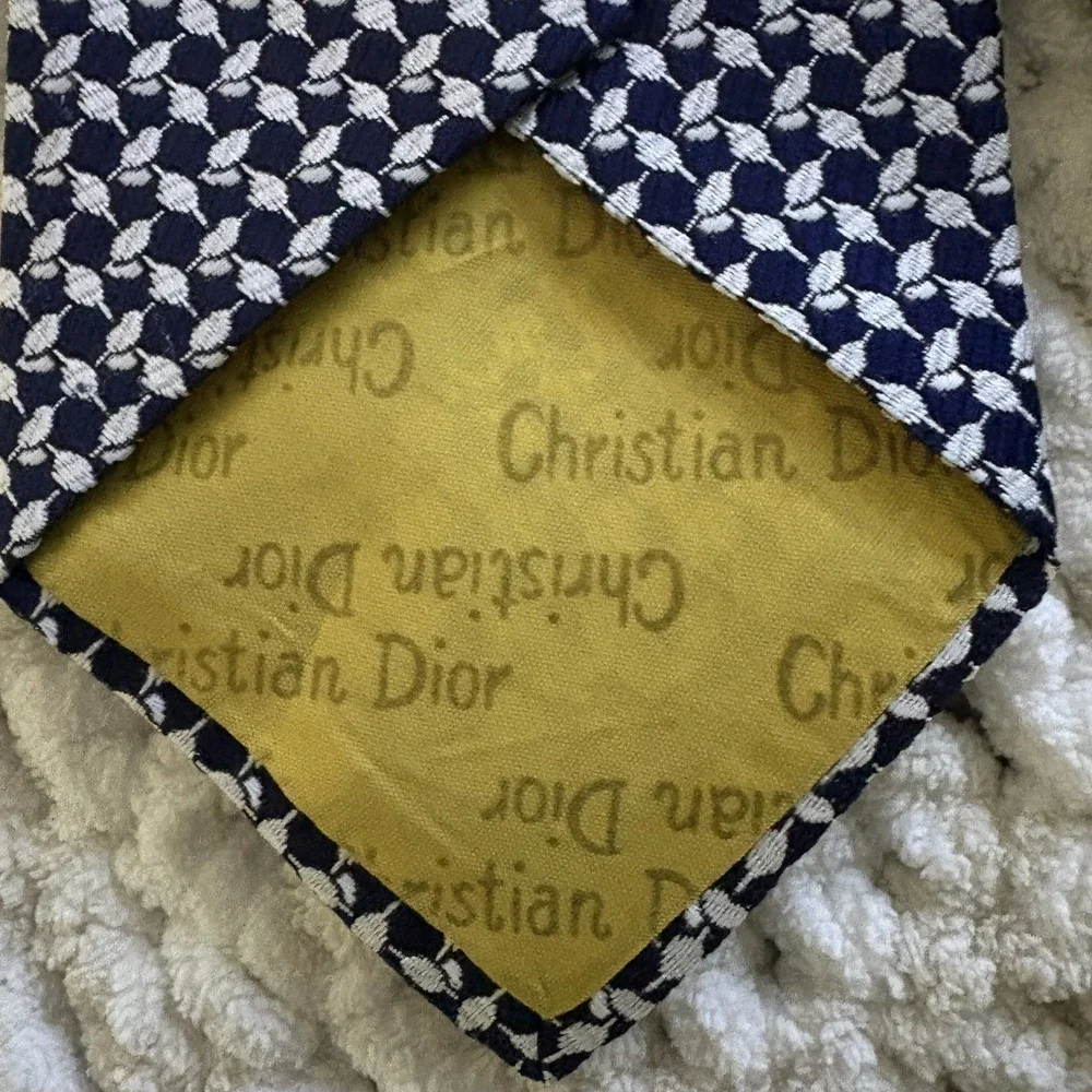 Vintage Christian Dior Silk Neck Tie Navy Blue Geometric Pattern Quiet Luxury